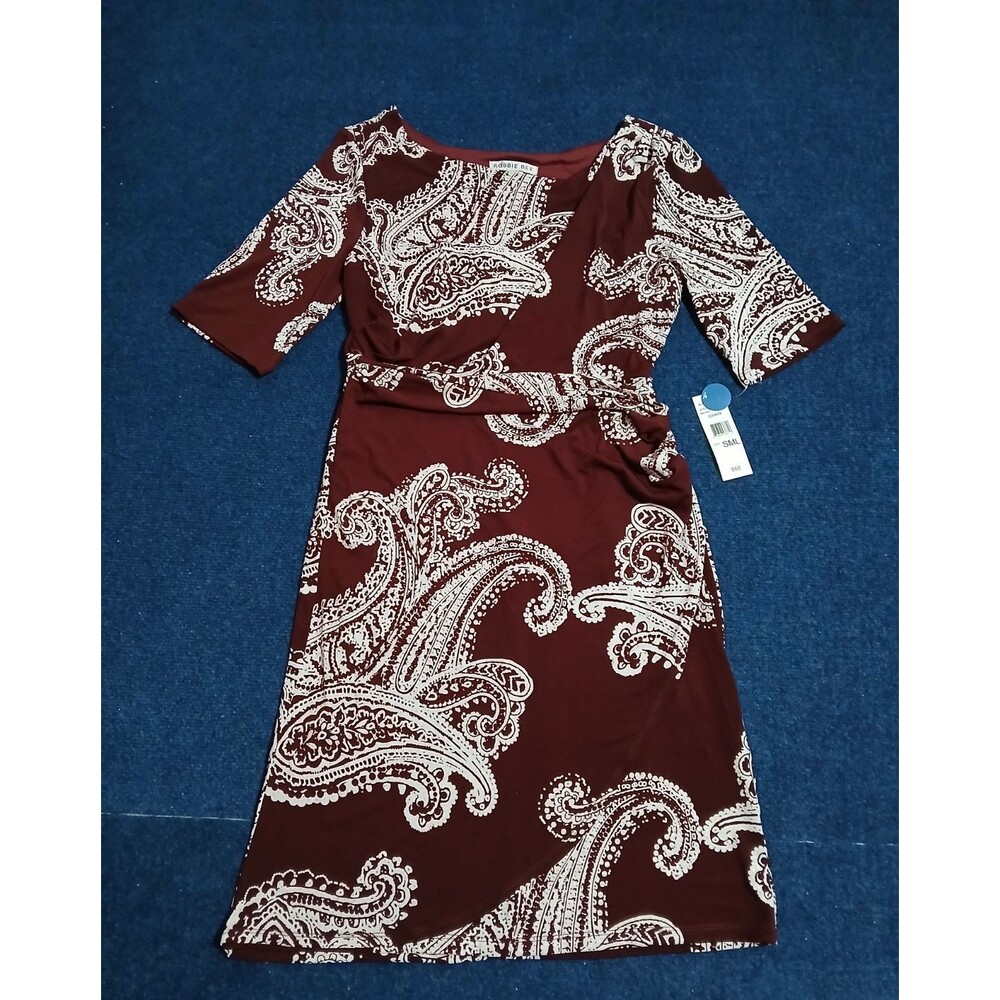 Robbie Bee Wine/Ivory  Paisley Faux Wrap Dress SMALL NWT